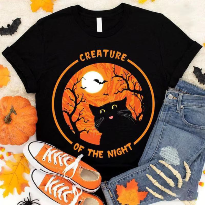 Halloween Witch Black Cat Print Top