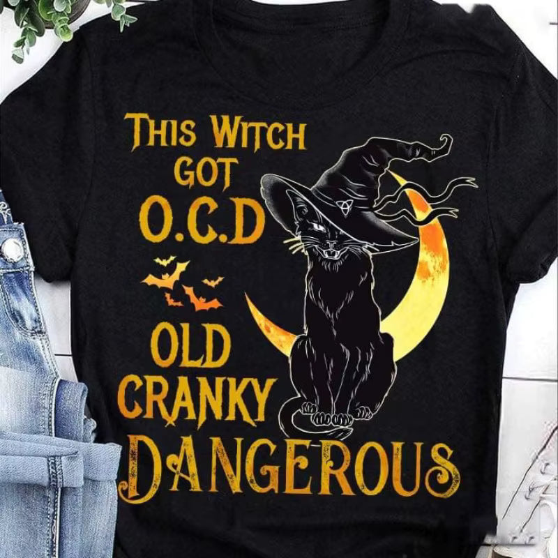 Halloween Witch Black Cat Print Top