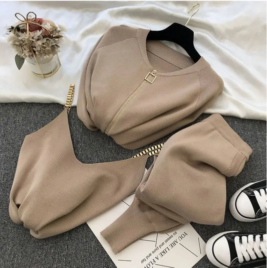 Women Winter Knitted Set - Vest + Cardigan + Joggers