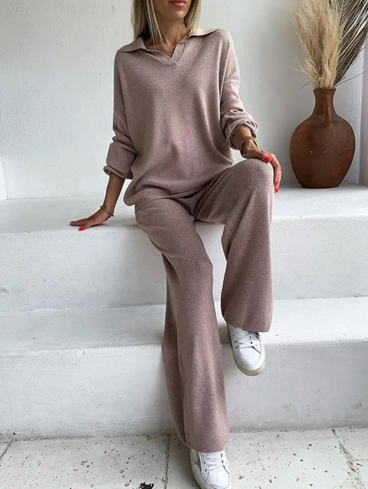 Collared Neckline Knitted Sweater & Trousers Lounge Set