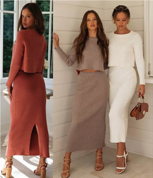 2 Piece Cropped Sweater & Midi Skirt Set