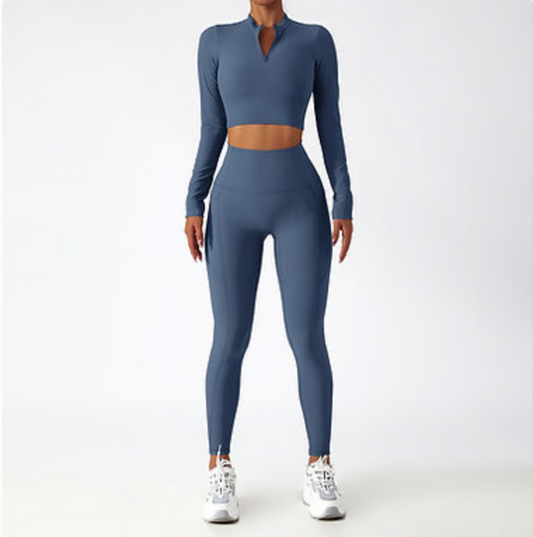 Zip-Up Active Top & Compression Leggings duo Set (Long / Short / No Sleeves)