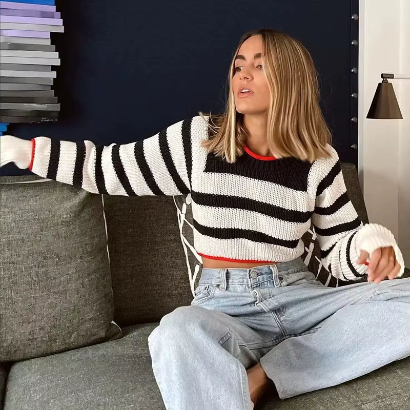 Striped Knit Sweater with Lace-Up Detail