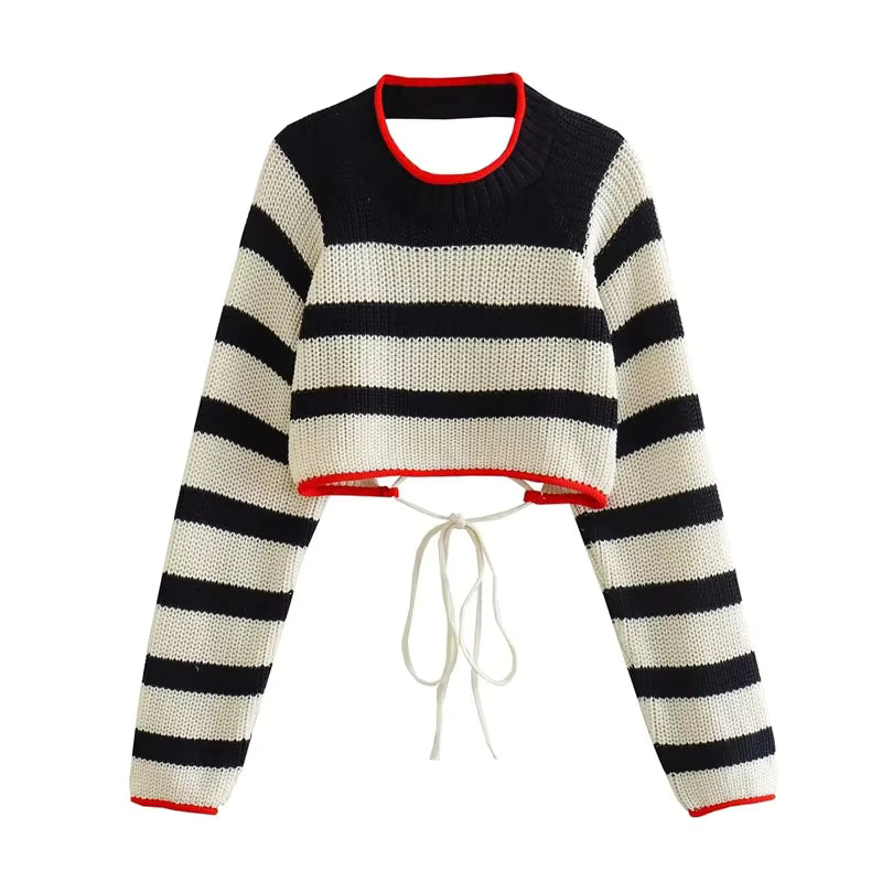 Striped Knit Sweater with Lace-Up Detail