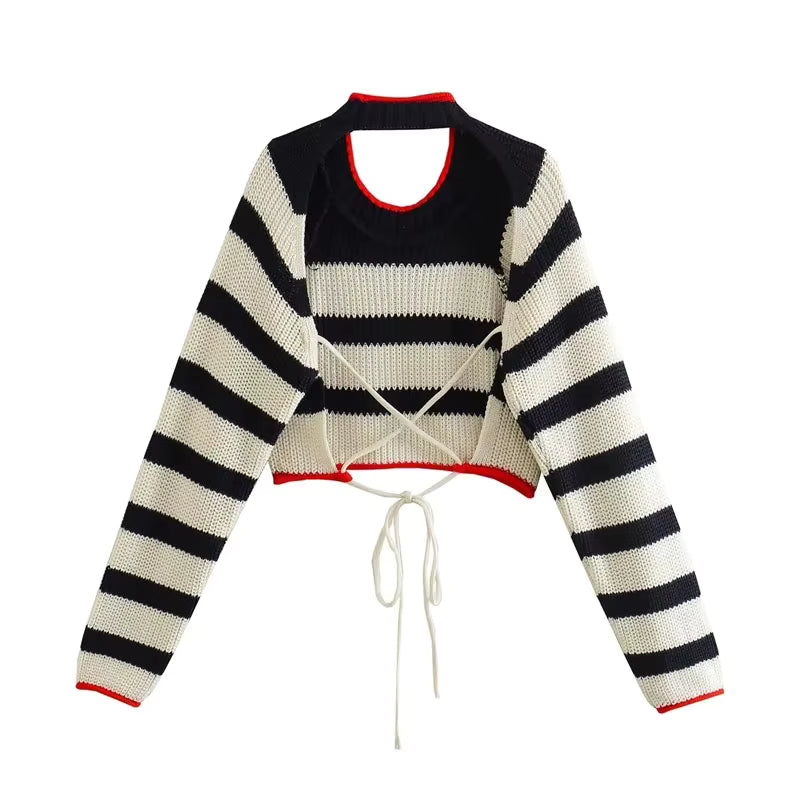 Striped Knit Sweater with Lace-Up Detail