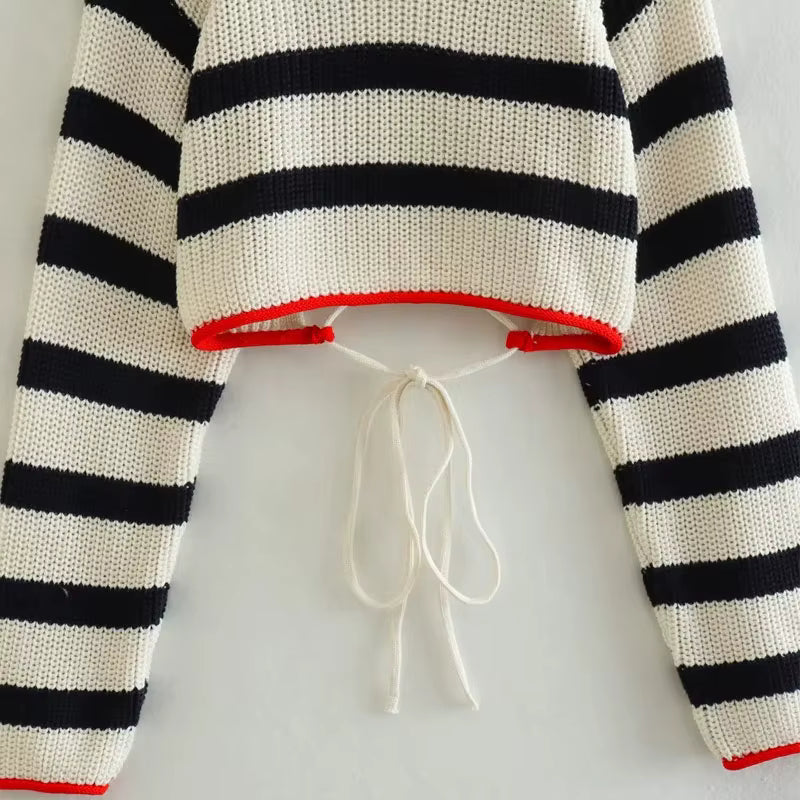 Striped Knit Sweater with Lace-Up Detail