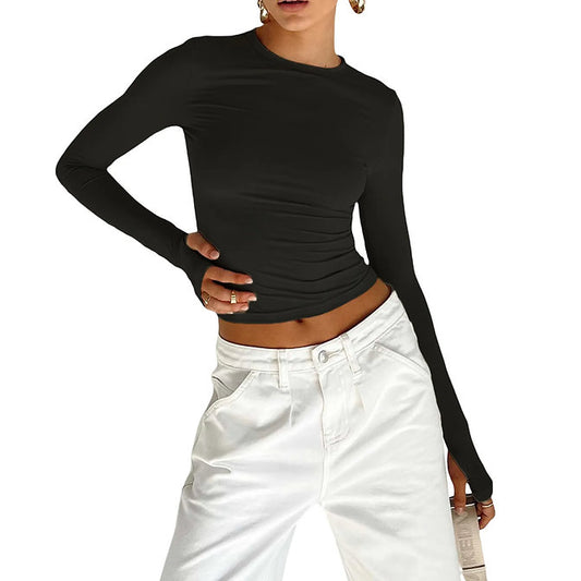 Crew Neck Slim-Fit Top with Thumbholes Sleeves