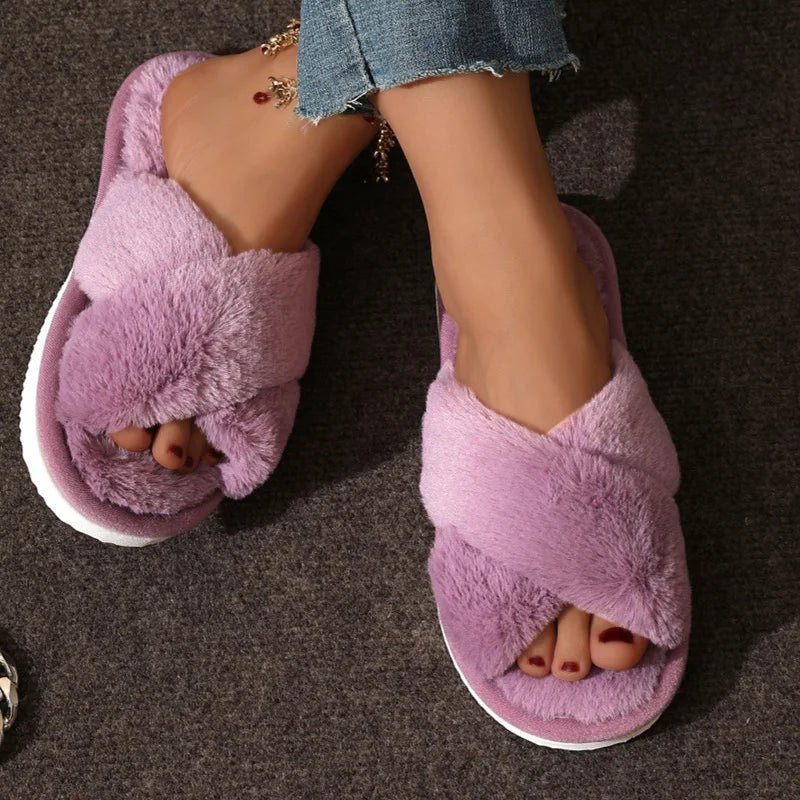 Cross-Strap Faux Fur Slippers