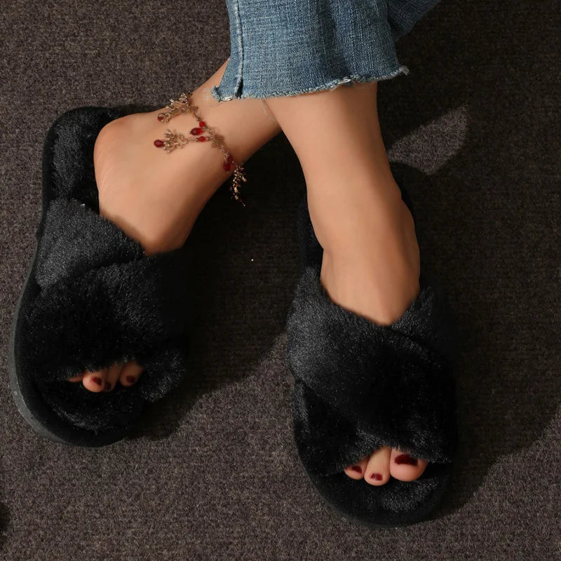 Cross-Strap Faux Fur Slippers