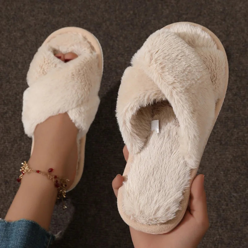 Cross-Strap Faux Fur Slippers