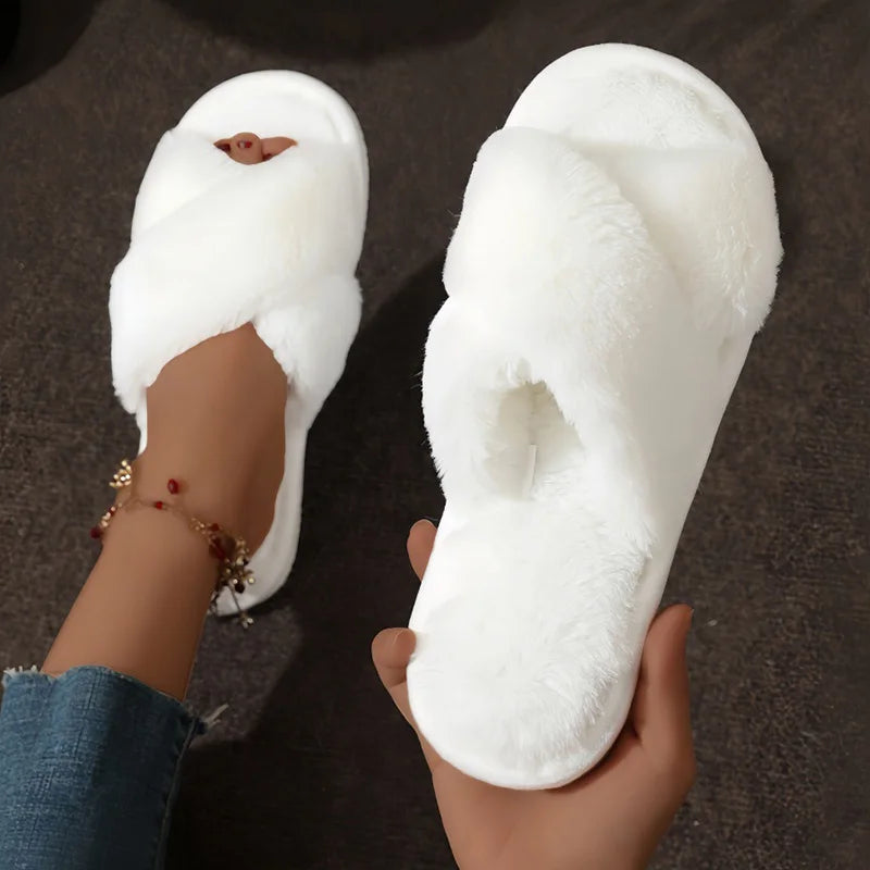 Cross-Strap Faux Fur Slippers