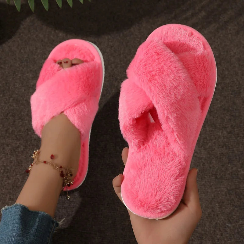 Cross-Strap Faux Fur Slippers