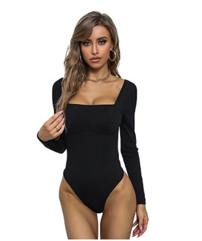 Deep Neckline Long Sleeve Bodysuit