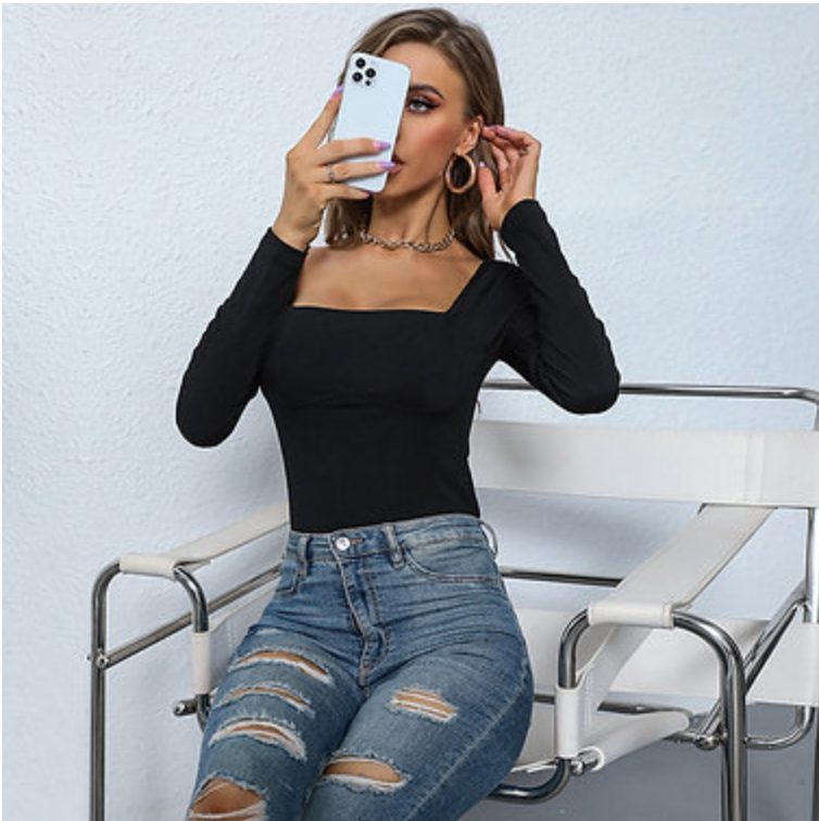 Deep Neckline Long Sleeve Bodysuit