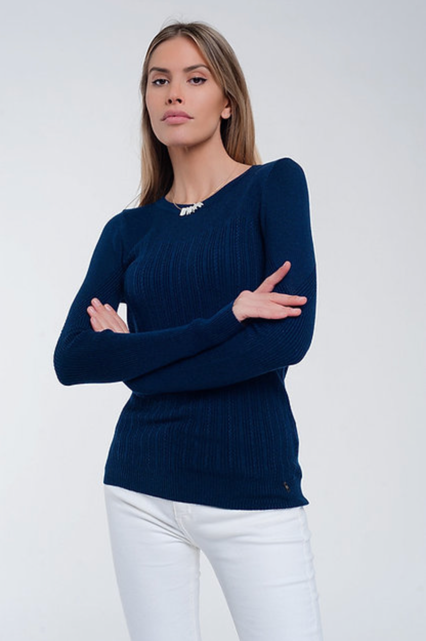 Crew Neck Ribbed Sweater in Navy