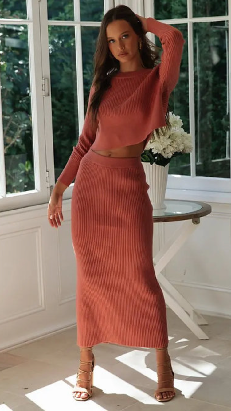 2 Piece Cropped Sweater & Midi Skirt Set