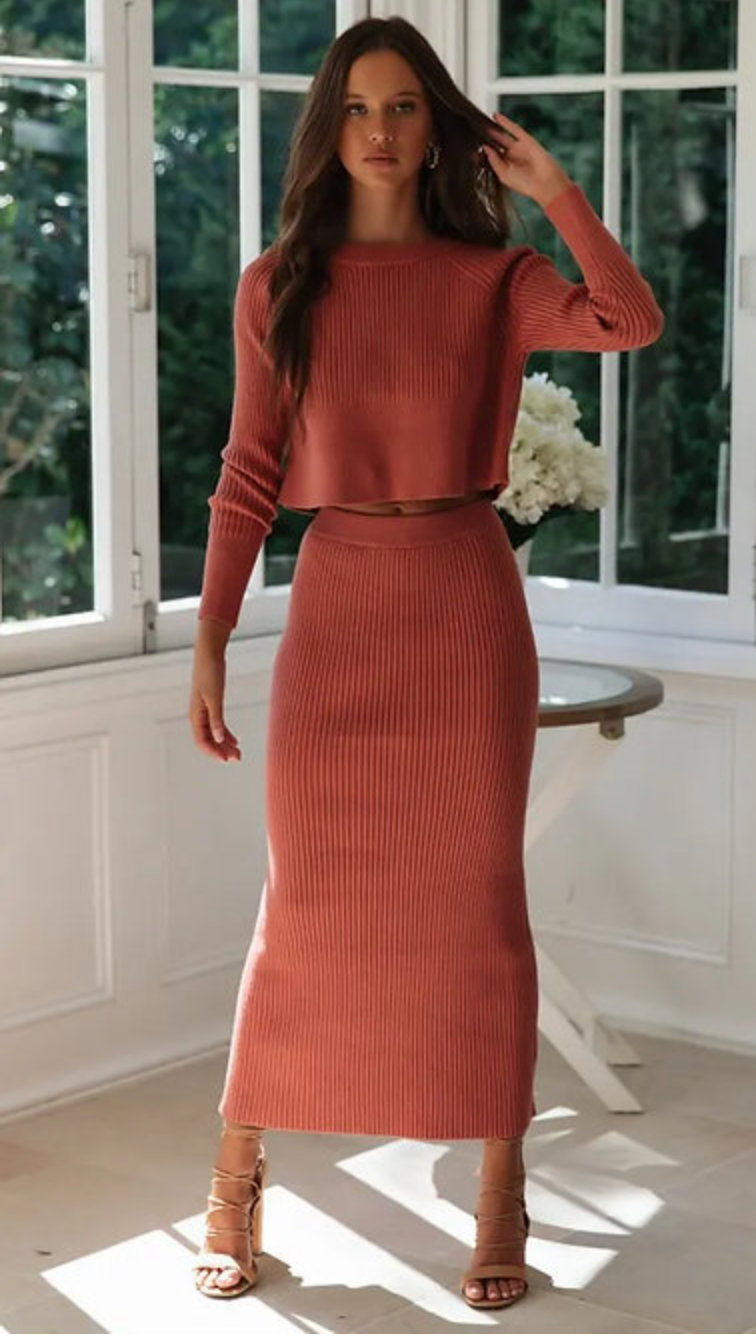 2 Piece Cropped Sweater & Midi Skirt Set