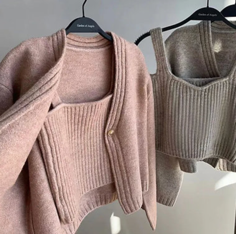 Knitted Cami Vest & Cardigan Sweater 2-Piece Set