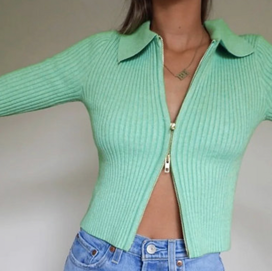 Green Zipper Cardigan Sweater