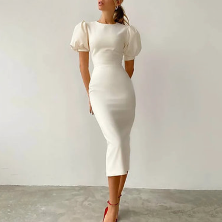 Elegant White Puff Sleeve Bodycon Dress