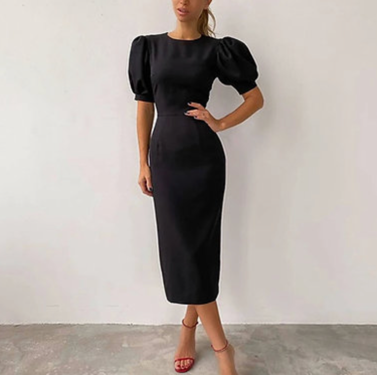 Elegant White Puff Sleeve Bodycon Dress