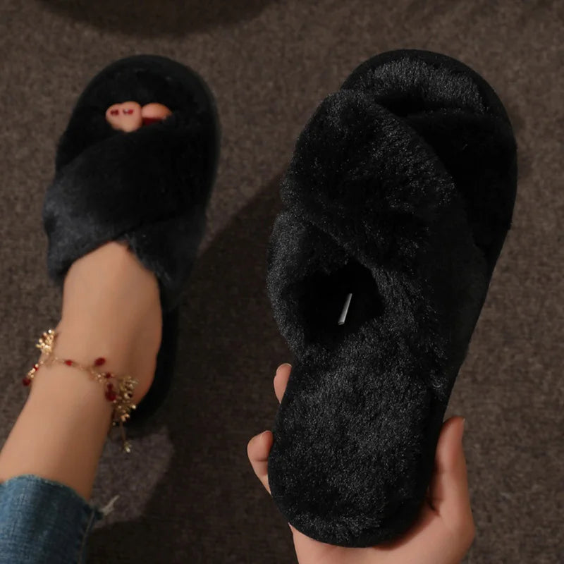 Cross-Strap Faux Fur Slippers