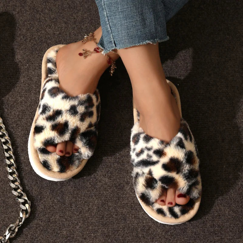 Cross-Strap Faux Fur Slippers